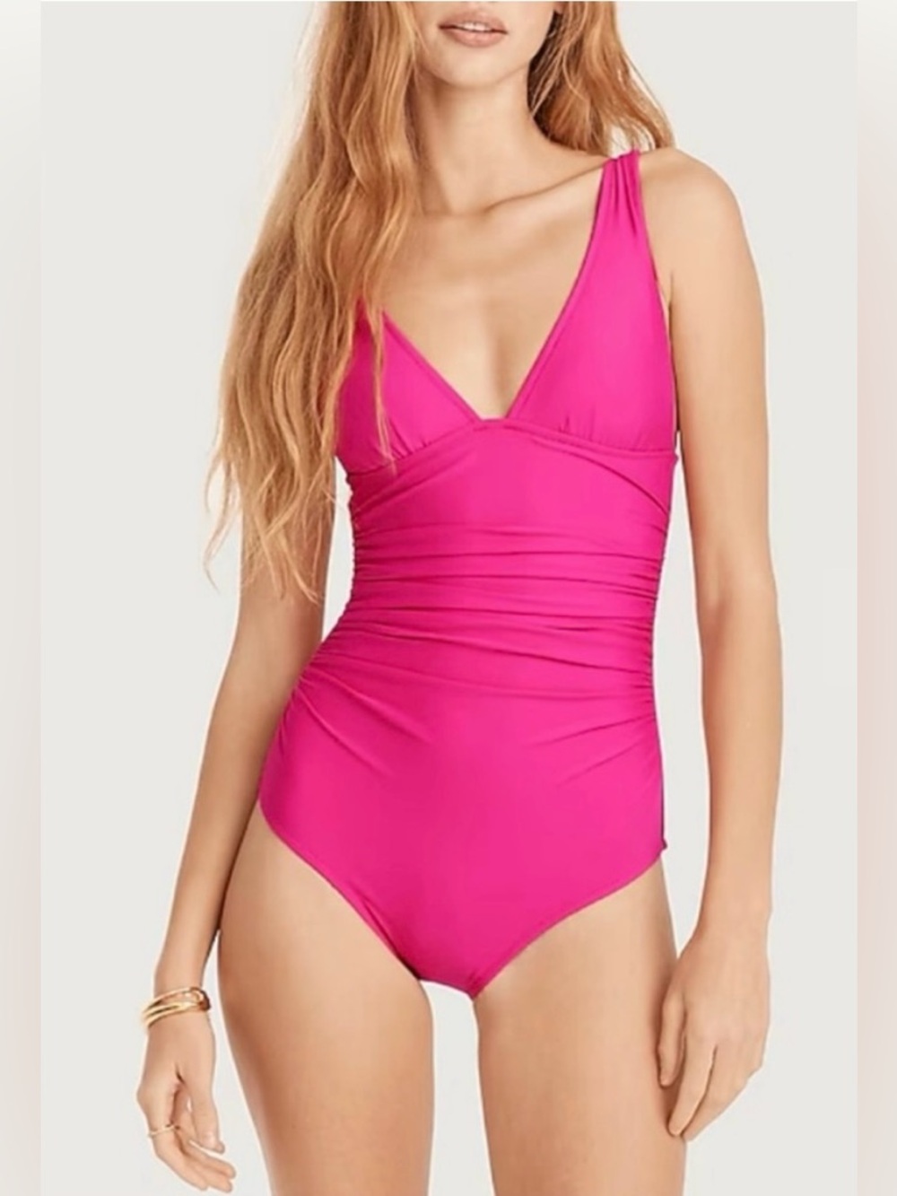 J.Crew ruched V-neck one-piece in radiant Fuschia - Picture 2 of 14